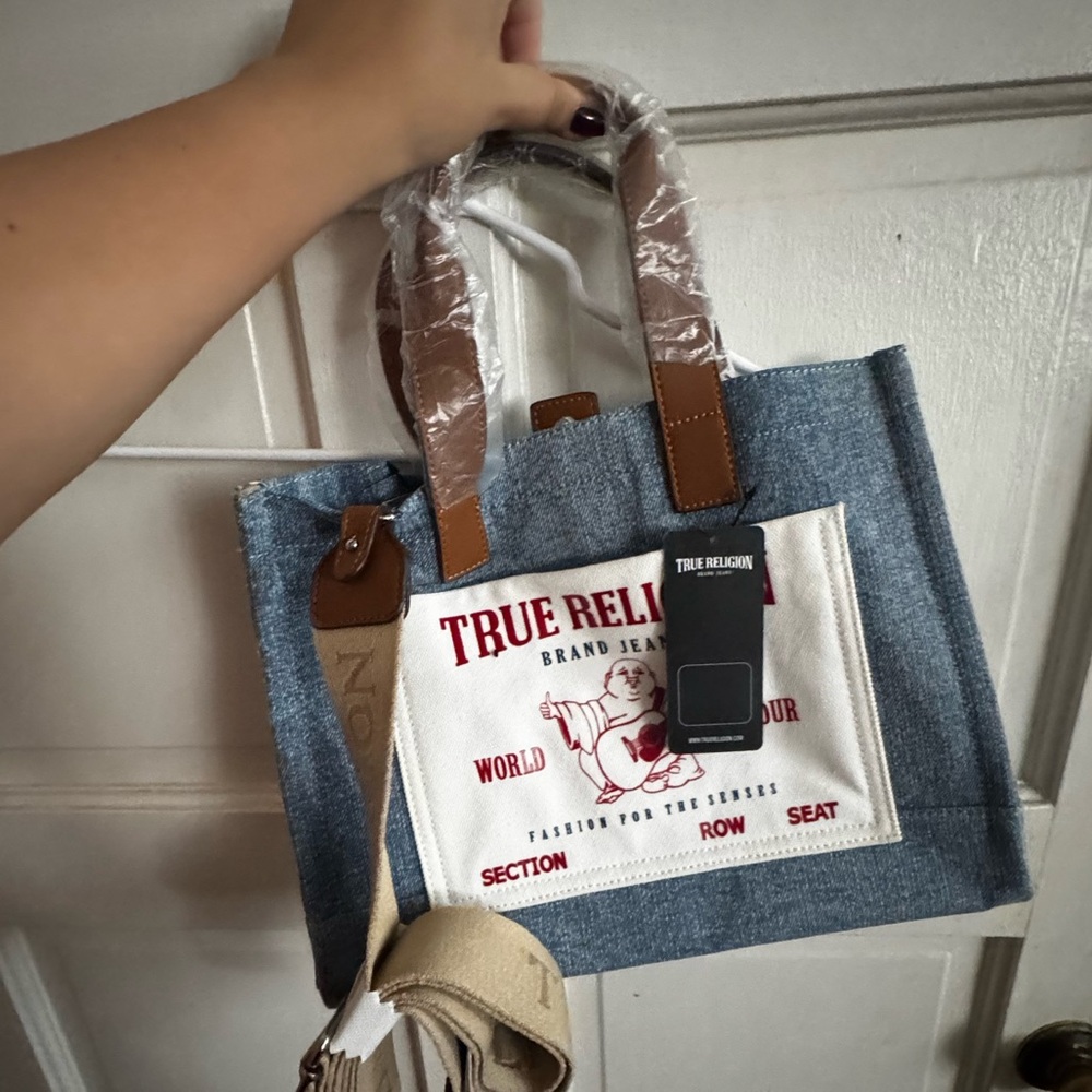 True Religion Blue Denim Tote with Brown and Cream Accents